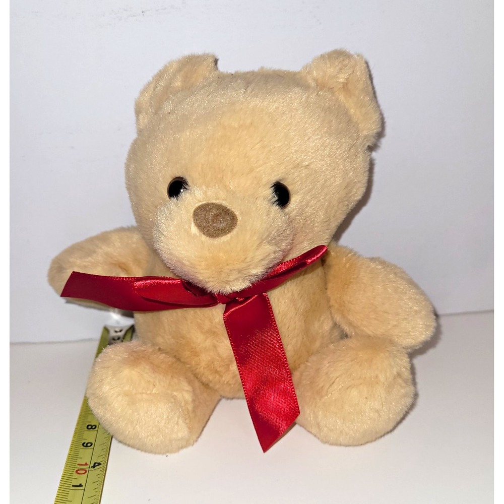 RETRO COZY AESTHETIC Dan Dee Small Tan Plush Teddy Bear Red Satin Ribbon 6"